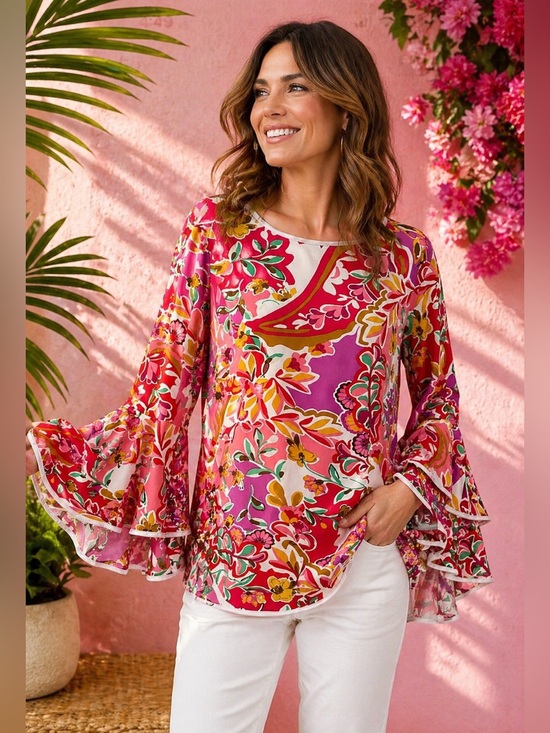Sam & Jess Tops - Sam & Jess Bold Floral Bell Sleeve Tunic Top NWT